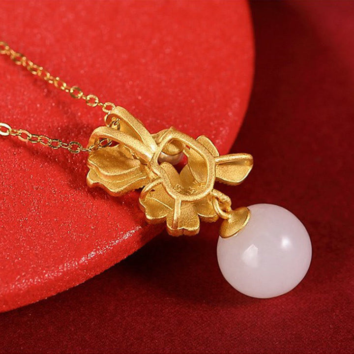 Buddha Stones Jade blanco Plata de ley 925 Perla Flor Bendición Collar Colgante Anillo Pendientes