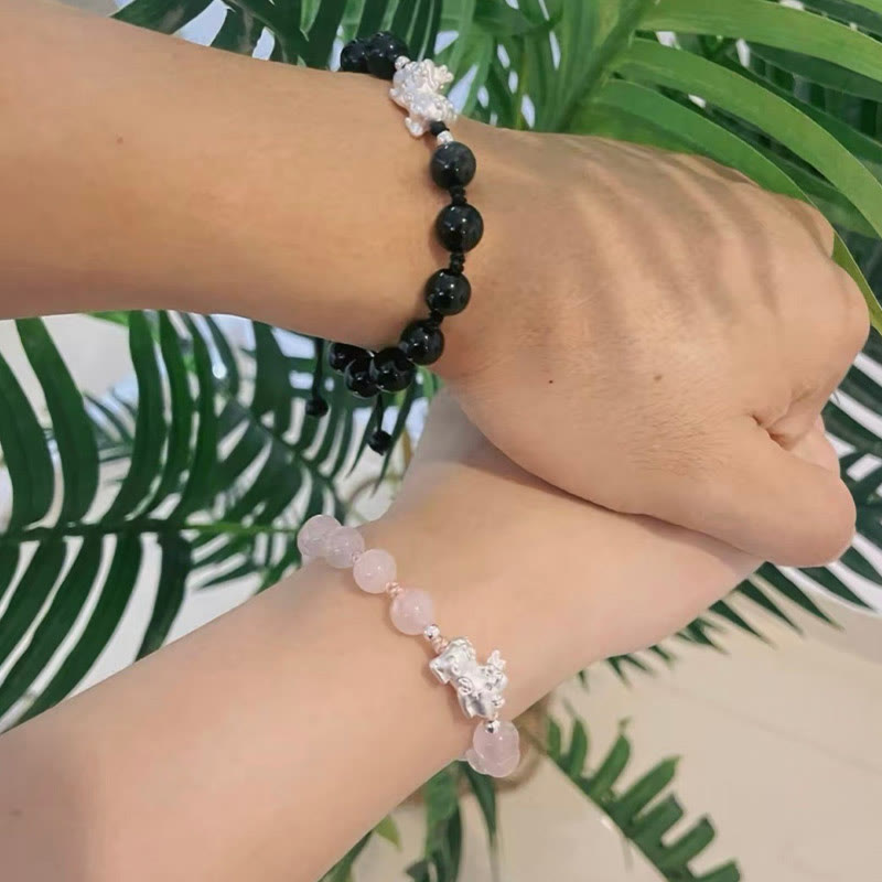 Pulsera de fuerza PiXiu con Buddha Stones, obsidiana negra natural, ojo de gato, cristal rosa