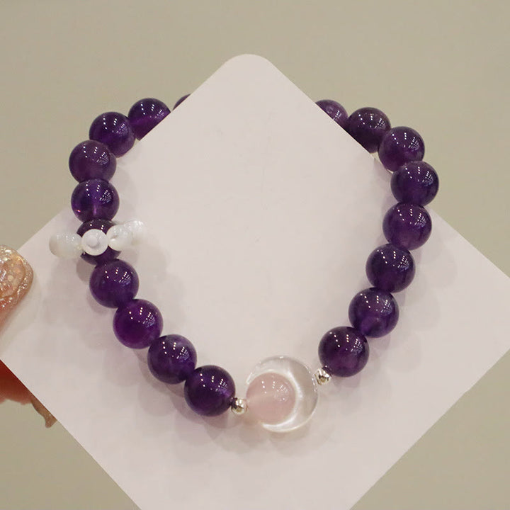 Pulsera de plata de ley 925 con Buddha Stones, amatista natural, aguamarina, cristal rosa, ojo de gato, luna creciente curativa