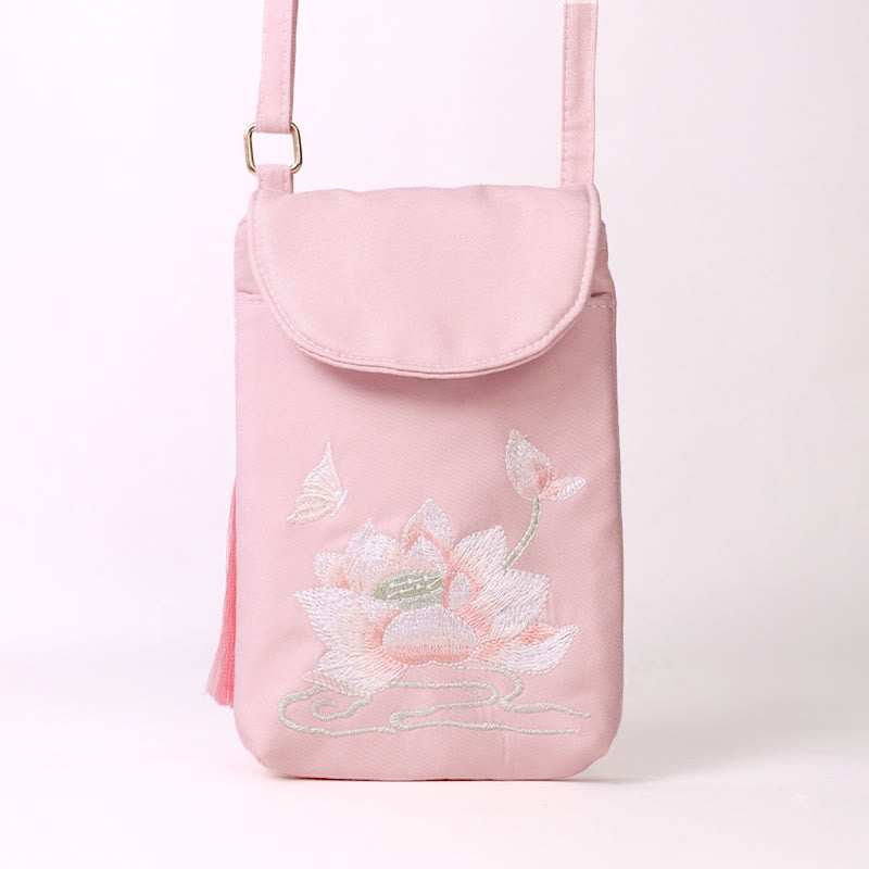 Bolso bandolera con flores bordadas pequeñas y Buddha Stones, bolso de hombro, bolso para móvil de doble capa