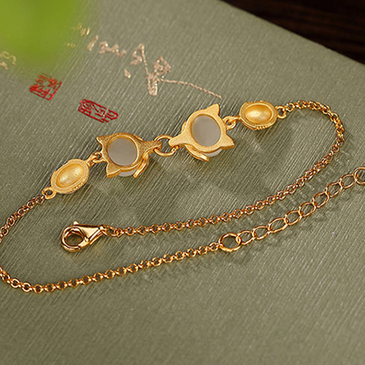 Buddha Stones Plata de Ley 925 Natural Hetian blanco Jade cian Jade encantadora pulsera de la suerte de zorro