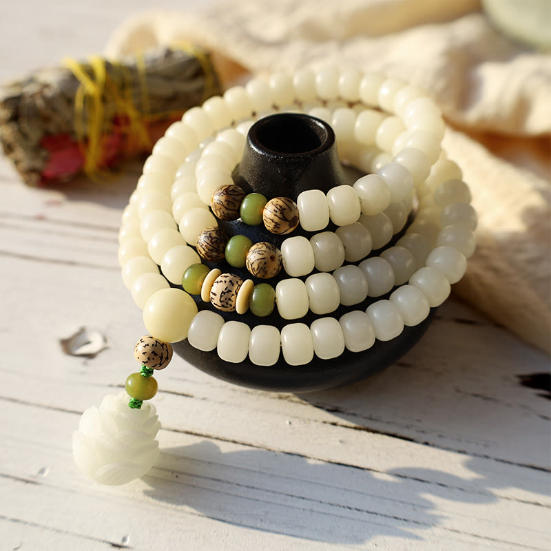 Buddha Stones Jade Blanco Bodhi Lotus Mala Armonía Collar Pulsera - image 2