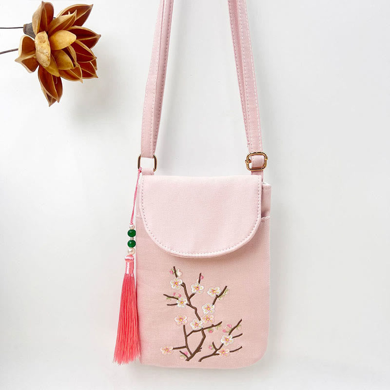 Bolso bandolera con flores bordadas pequeñas y Buddha Stones, bolso de hombro, bolso para móvil de doble capa