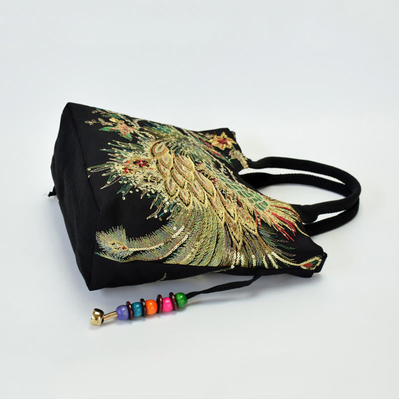 Bolso de mano con bordado de doble cara de pavo real con Buddha Stones, bolso bandolera
