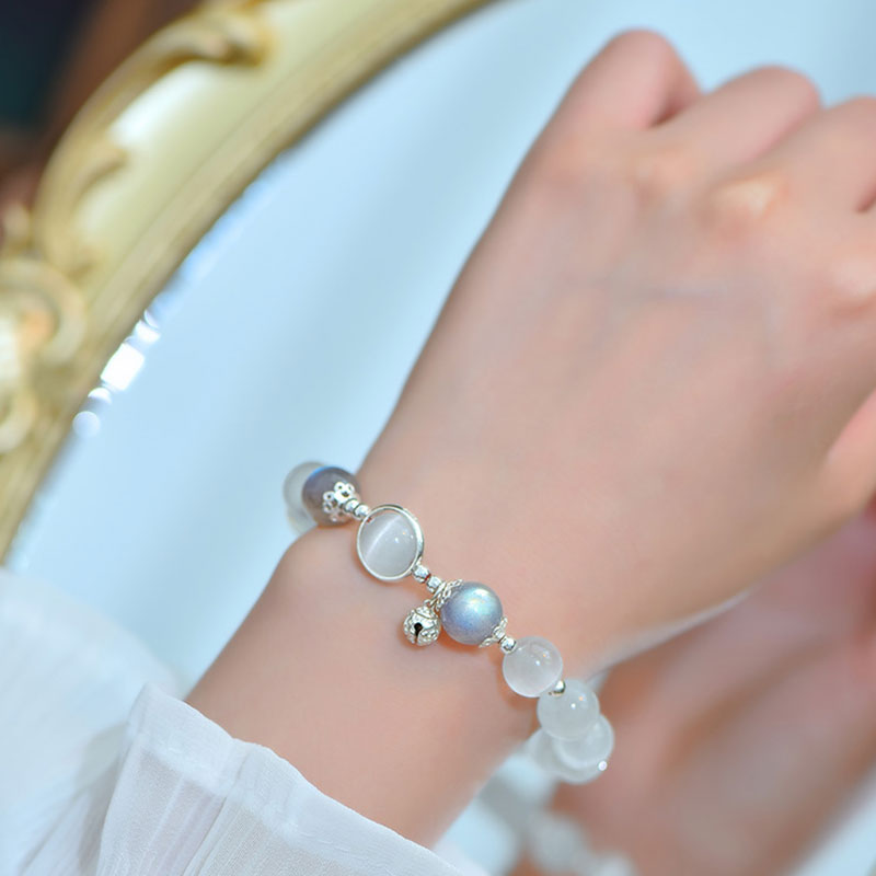 Pulsera de apoyo de amor con piedra lunar y ojo de gato de plata de ley 925 de Buddha Stones