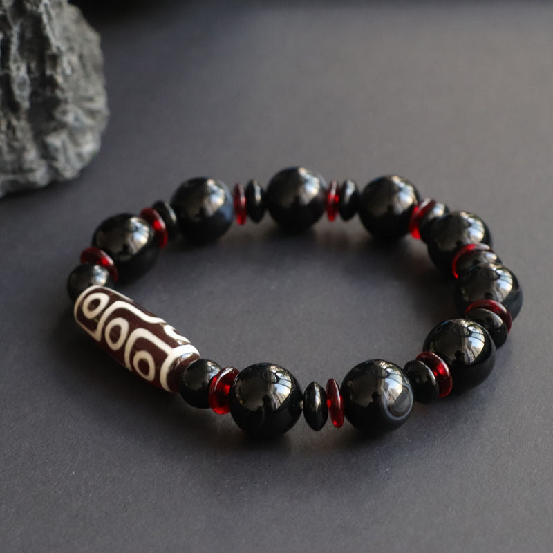 Pulsera de protección de la riqueza con cuentas Dzi de nueve ojos de ónix negro y Buddha Stones