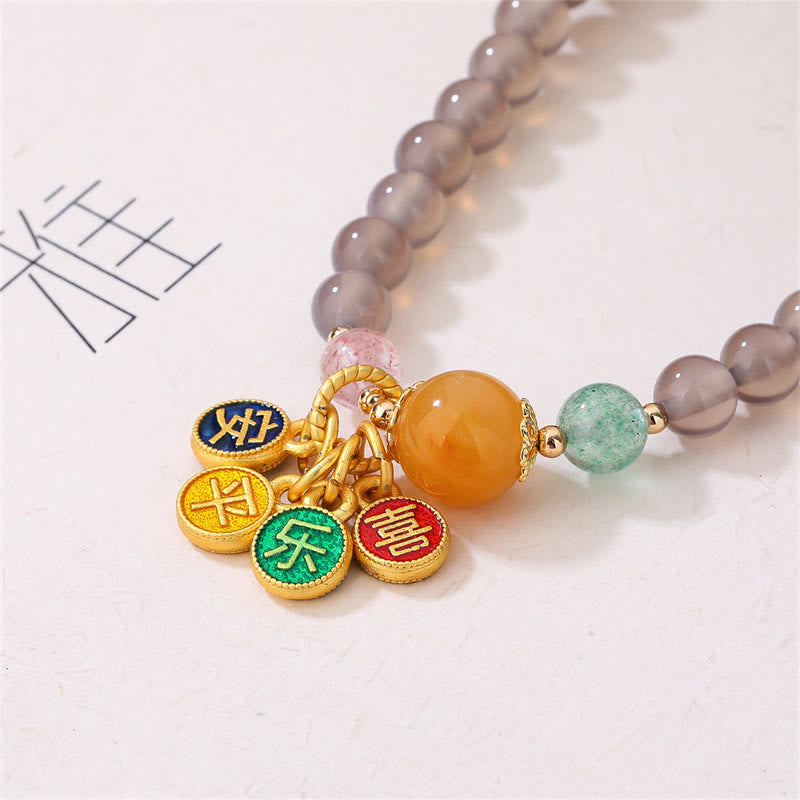 Pulsera de doble vuelta con dije de paz y alegría de ágata gris natural con Buddha Stones