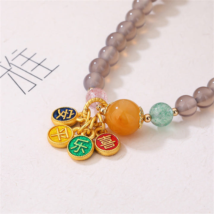 Pulsera de doble vuelta con dije de paz y alegría de ágata gris natural con Buddha Stones