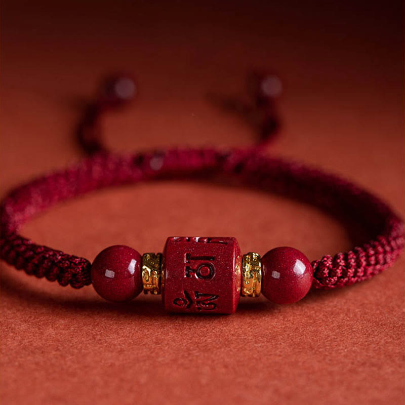 Pulsera trenzada con Buddha Stones, cinabrio del Tíbet, Om Mani Padme Hum, bendición grabada