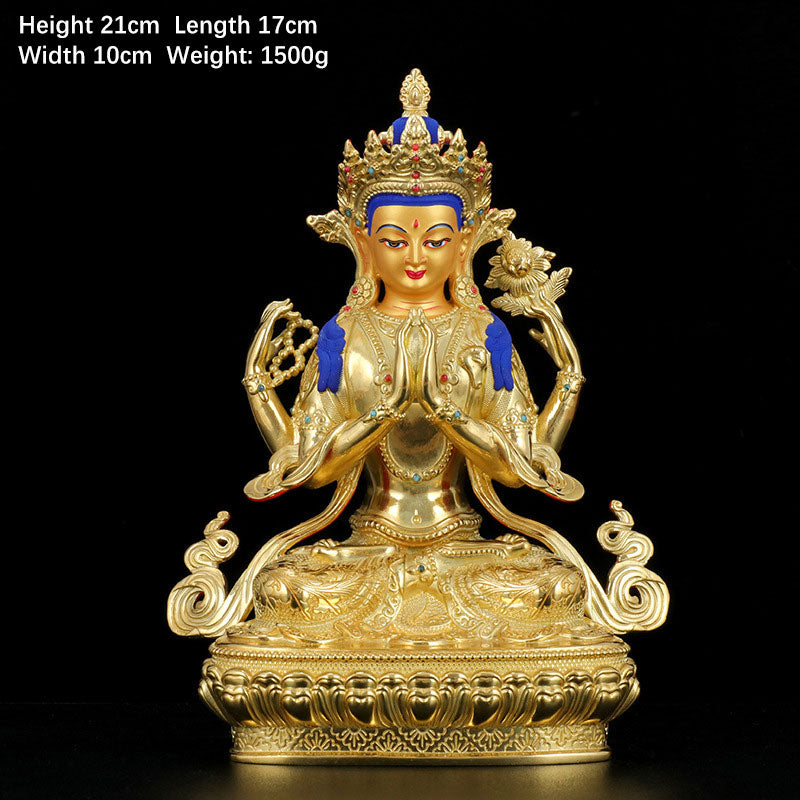 Chenrezig-Estatua chapada en oro y cobre con protección Avalokitesvara de cuatro brazos, decoración
