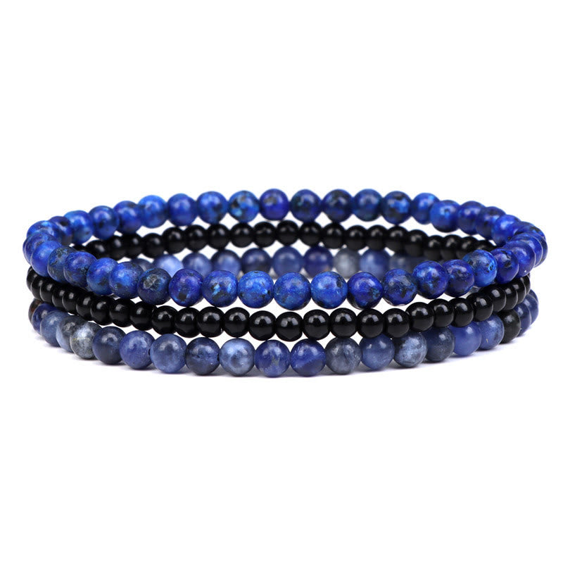 Buddha Stones 3 piezas de piedra de cristal natural paz interior pulsera espiritual - Cuentas de lazurita y vidrio negro de 4 mm y sodalita (circunferencia de muñeca: 15-16 cm) - image 8