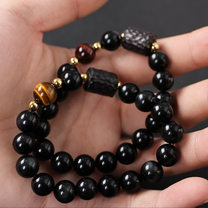 Pulsera de pareja de fuerza de ojo de tigre rojo de madera de ébano de obsidiana negra