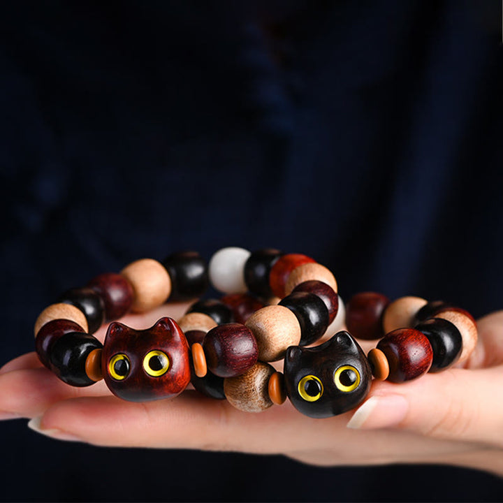 Pulsera de protección con grabado de gato lindo de madera de ébano de sándalo rojo de hoja pequeña con Buddha Stones - image 21