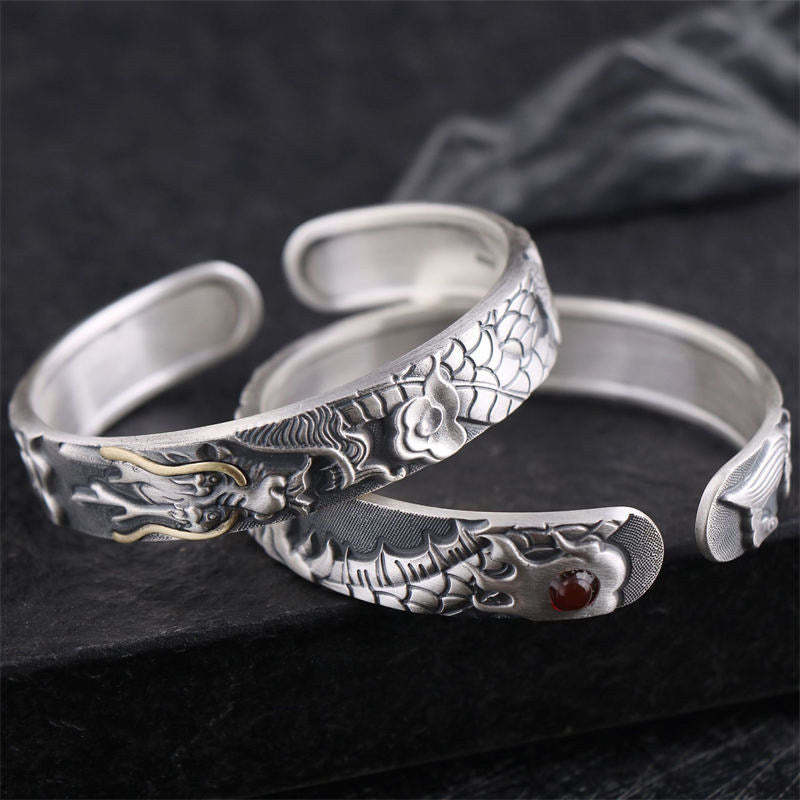 Brazalete de protección de fuerza de dragón de plata de ley 999 con Buddha Stones