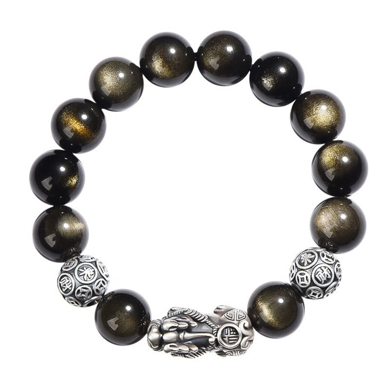 Pulsera de protección de la riqueza PiXiu de obsidiana brillante de oro natural de plata de ley 925 con Buddha Stones