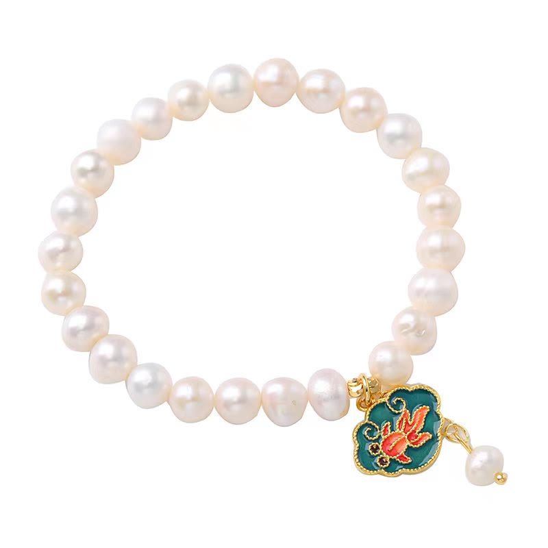 Pulsera con dije de optimismo, pez dorado, pez koi, perla natural