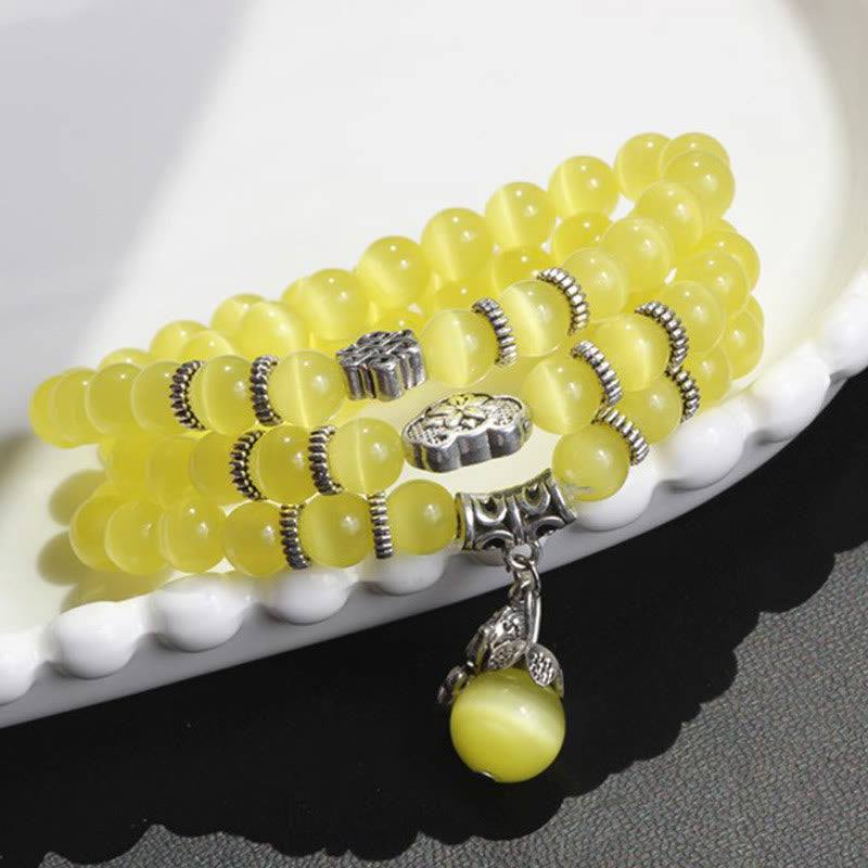 Pulsera de triple vuelta con soporte PiXiu de ojo de gato y Buddha Stones