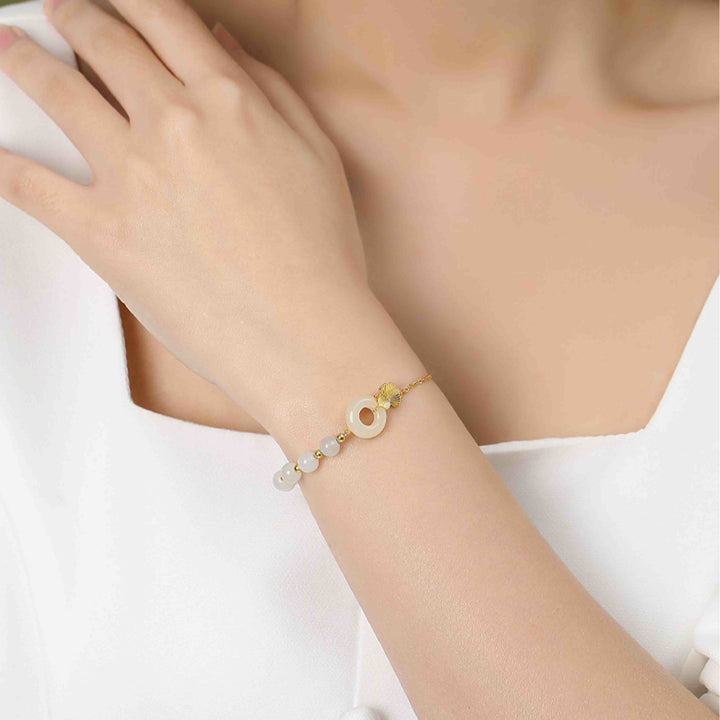 Pulsera de la suerte de hoja de ginkgo con hebilla de paz de jade blanco hetiano de plata de ley 925 con Buddha Stones - image 2