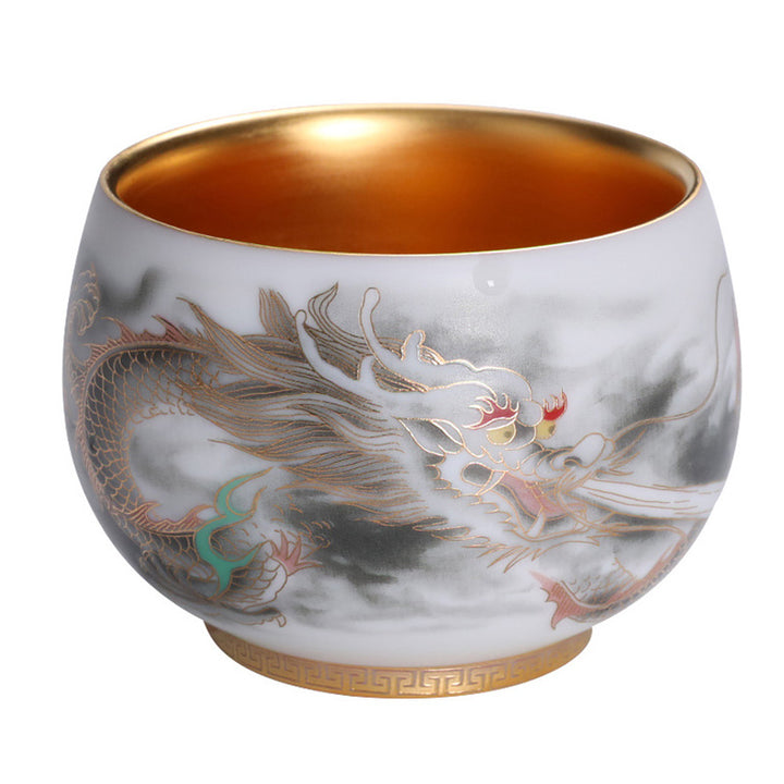 Taza de té de porcelana blanca de cerámica con calabaza dorada de dragón de Buddha Stones, taza de té de Kung Fu de 160ml