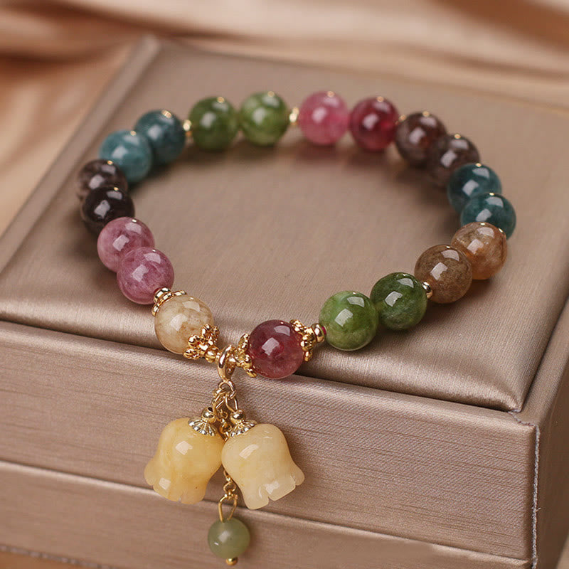 Pulsera de amor con cuentas de flores de turmalina colorida natural con Buddha Stones