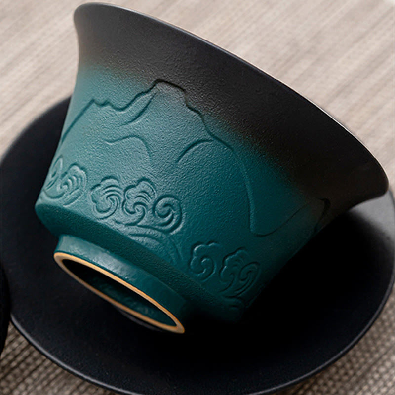 Taza de té de cerámica con gradiente de olas del mar, Retro Azul de Buddha Stones , Gaiwan Sancai, taza de té de Kung Fu y platillo con tapa