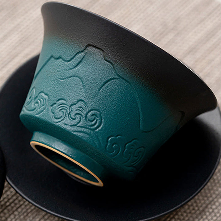 Taza de té de cerámica con gradiente de olas del mar, Retro Azul de Buddha Stones , Gaiwan Sancai, taza de té de Kung Fu y platillo con tapa