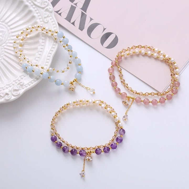 Pulsera de doble vuelta con amatista natural, aguamarina, fresa, cuarzo, perla, curación de la paz