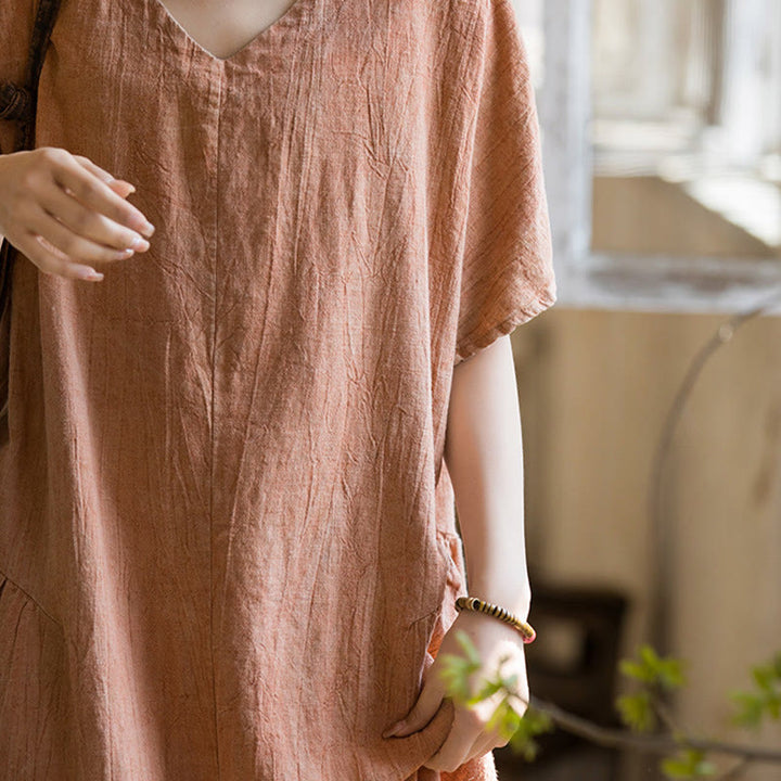 Vestido midi con cuello en V y teñido anudado hecho a mano con Buddha Stones Vestido de manga corta de lino