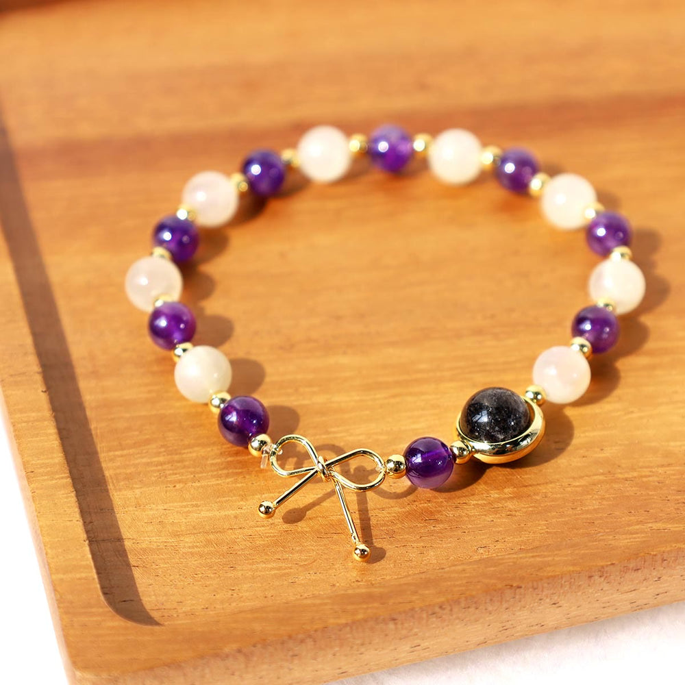 Pulsera de cuentas espirituales de cuarzo rutilado negro con ojo de gato y amatista - image 2
