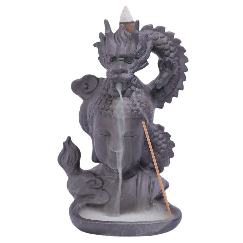Buddha Stones, dragón, Buda, nubes propicias, arcilla púrpura, decoración de quemador de incienso curativo