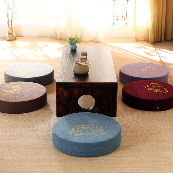 Cojín de asiento de meditación de lino y algodón con bordado de loto y Buddha Stones