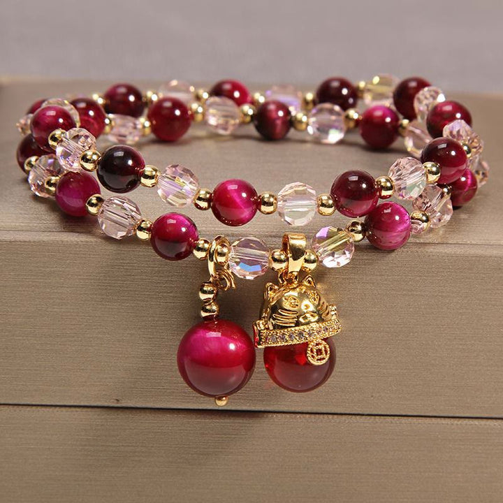 Ojo de tigre Pixiu Fox bolsa de dinero protección confianza en sí mismo pulsera de doble envoltura - Ojo de tigre rojo y gato de la suerte - image 13