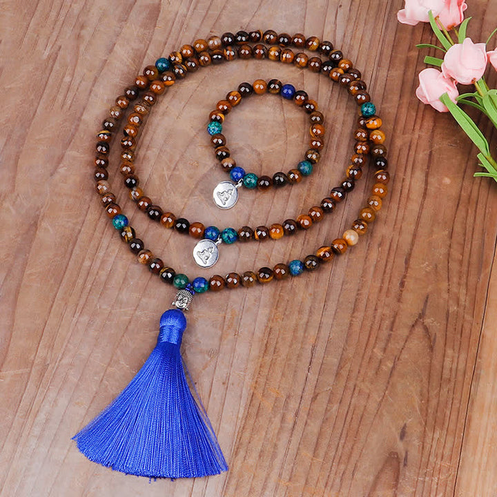 Buddha Stones 108 cuentas Mala, ojo de tigre, pulsera de fuerza de Buda, colgante de collar con borlas