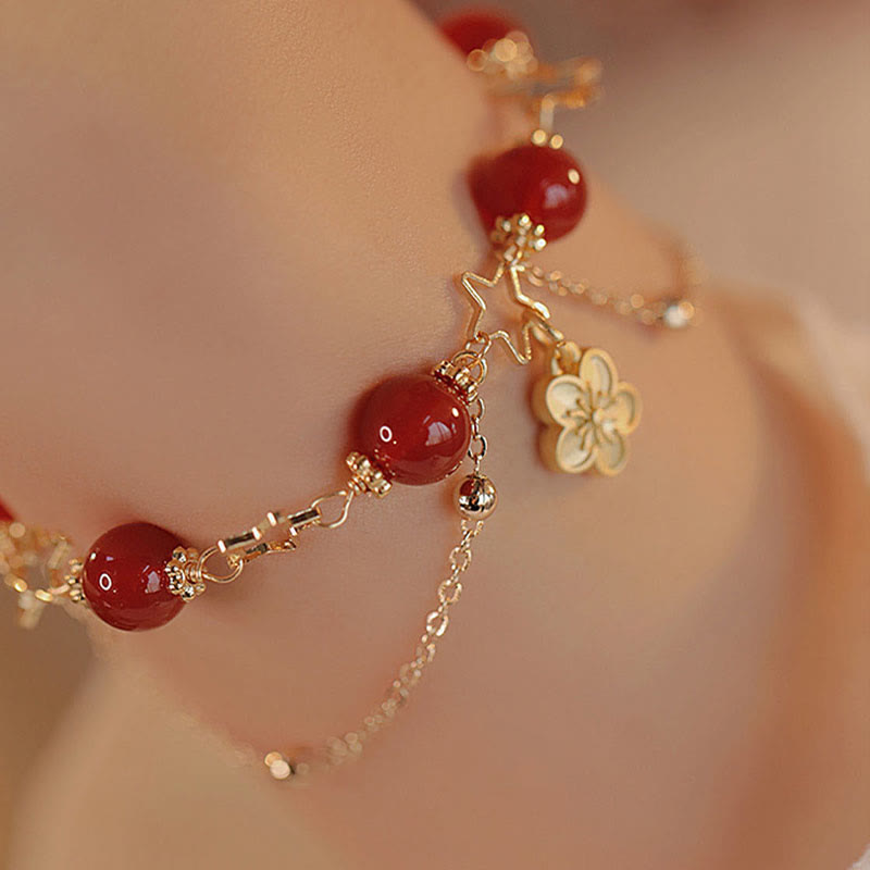 Pulsera tranquila con dije de flor de estrella de ágata roja chapada en oro de 14 Buddha Stones