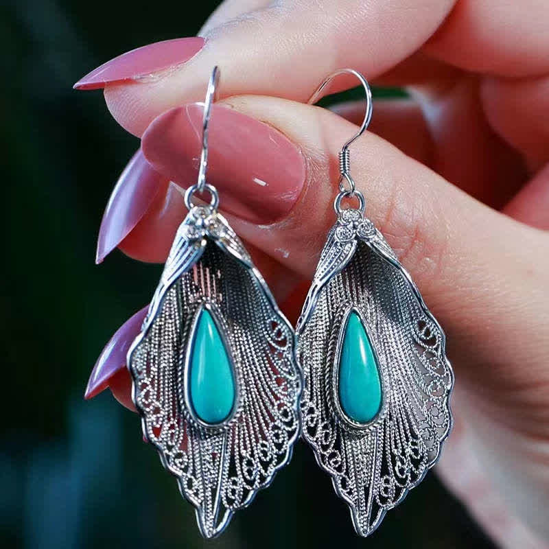 Pendientes colgantes de plata de ley 925 con diseño de hoja de Bodhi turquesa