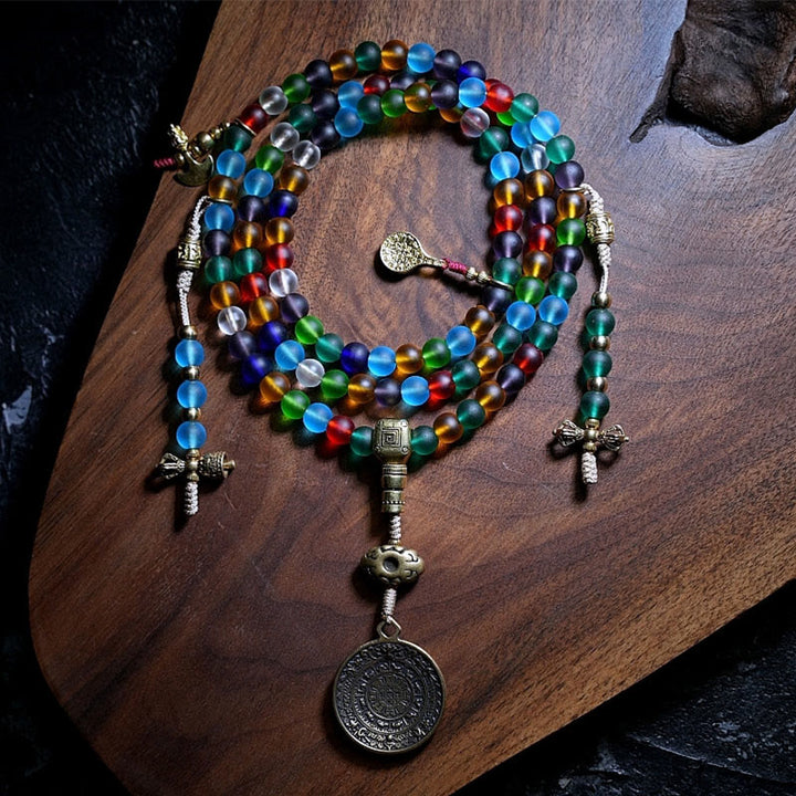 Buddha Stones tibetanas 108 cuentas de Mala multicolor Liuli cuentas de vidrio zodíaco chino nueve palacios ocho diagramas pulsera con dijes