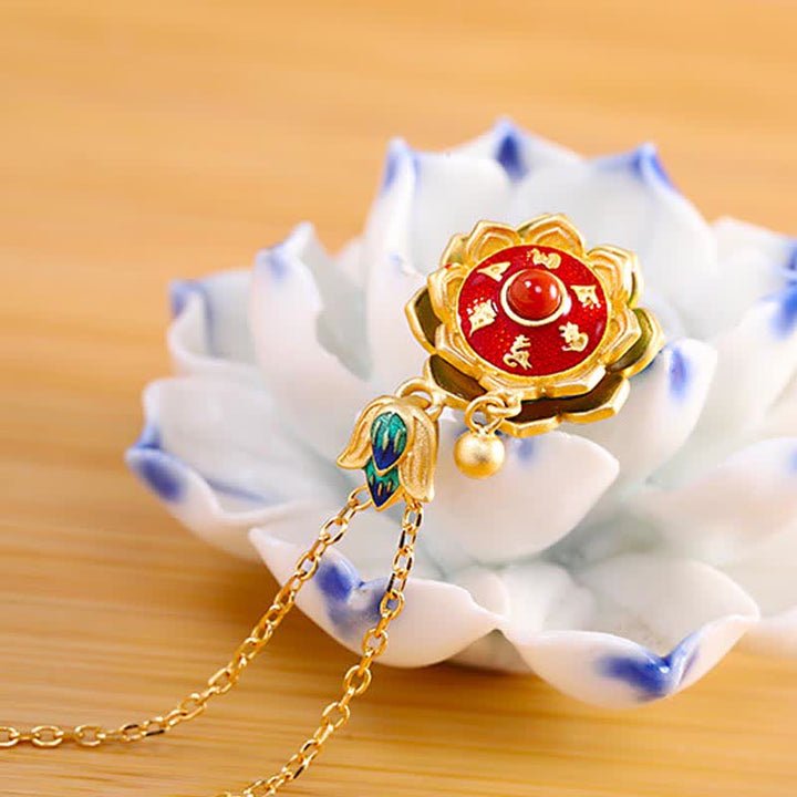 Colgante de plata de ley 925 con rueda de oración de loto del Tíbet y ágata roja - image 2