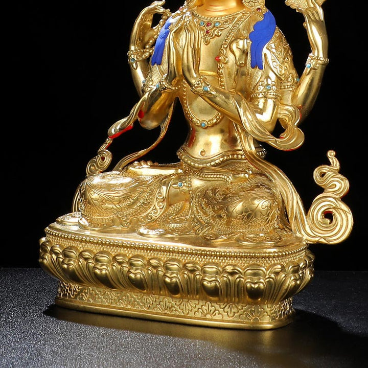 Chenrezig-Estatua chapada en oro y cobre con protección Avalokitesvara de cuatro brazos, decoración