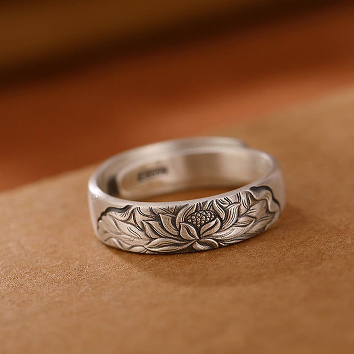 Anillo de iluminación grabado con Buddha Stones de plata de ley 999, flor de loto, flor de ciruelo, nubes auspiciosas - image 2