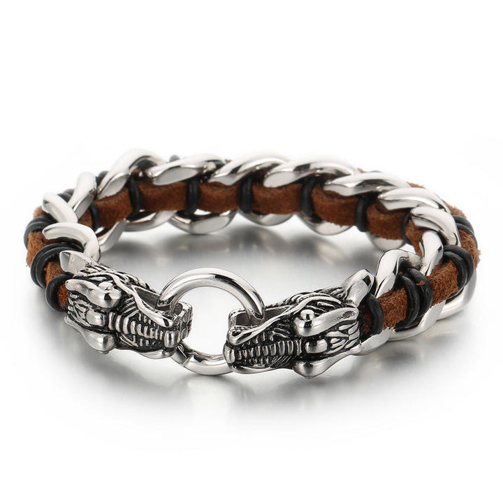 Pulsera trenzada de la suerte con protección de acero titanio y cuero de dragón
