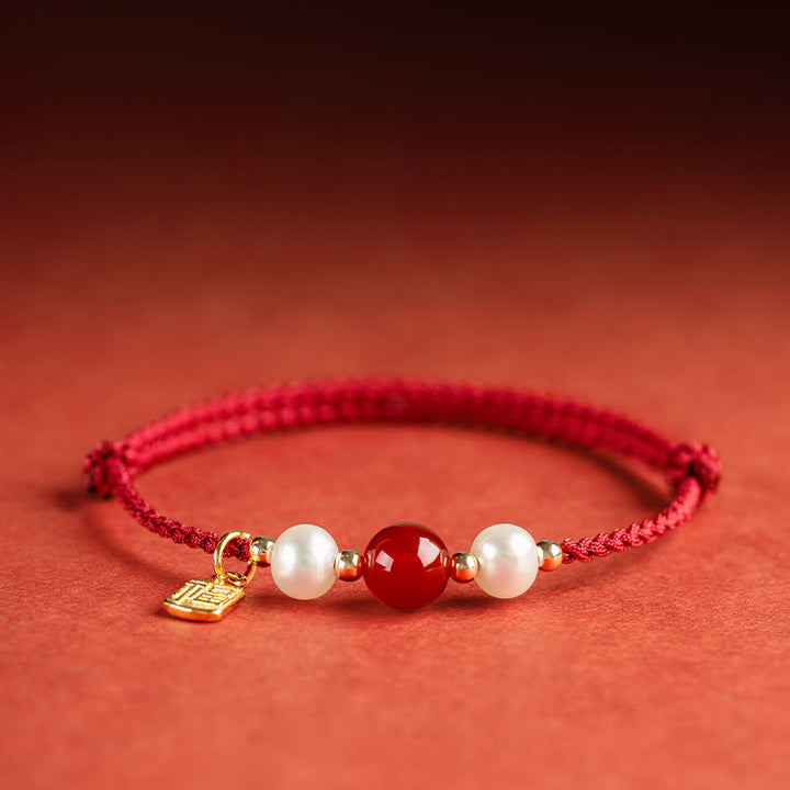 Pulsera trenzada de hilo rojo con perlas de ágata y personaje de buena fortuna, Plata de Ley 925 con Buddha Stones