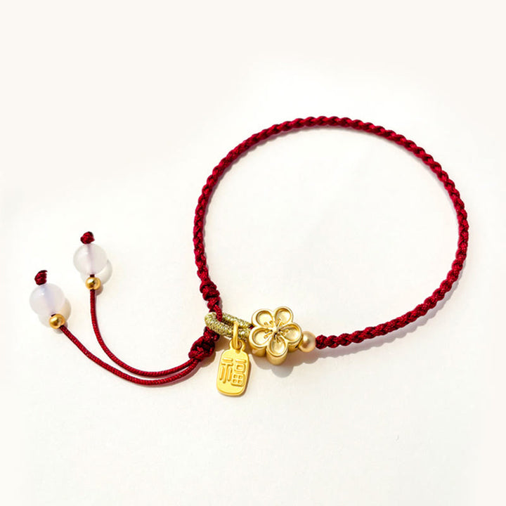 Buddha Stones hechas a mano, flor de melocotón, roseta, lazo, nudo Fu, amuleto, suerte, pulsera de cuerda roja