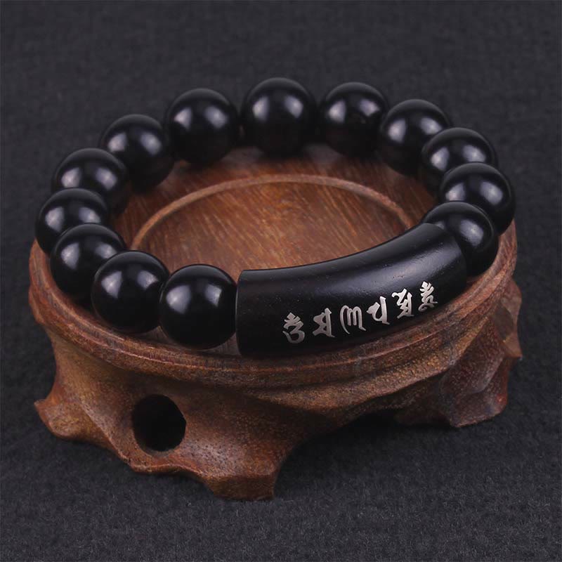 Pulsera de equilibrio con incrustaciones de Om Mani Padme Hum de madera de ébano de plata de ley 999 con Buddha Stones