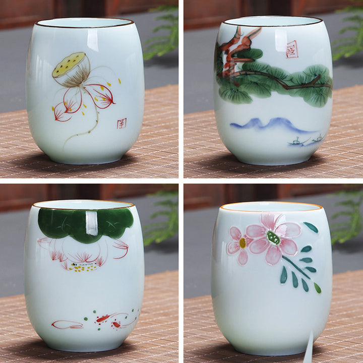 Taza de té de cerámica con Buddha Stones, pez Koi, paisaje de loto, diente de león, flor de peonía, taza de té de Kung Fu