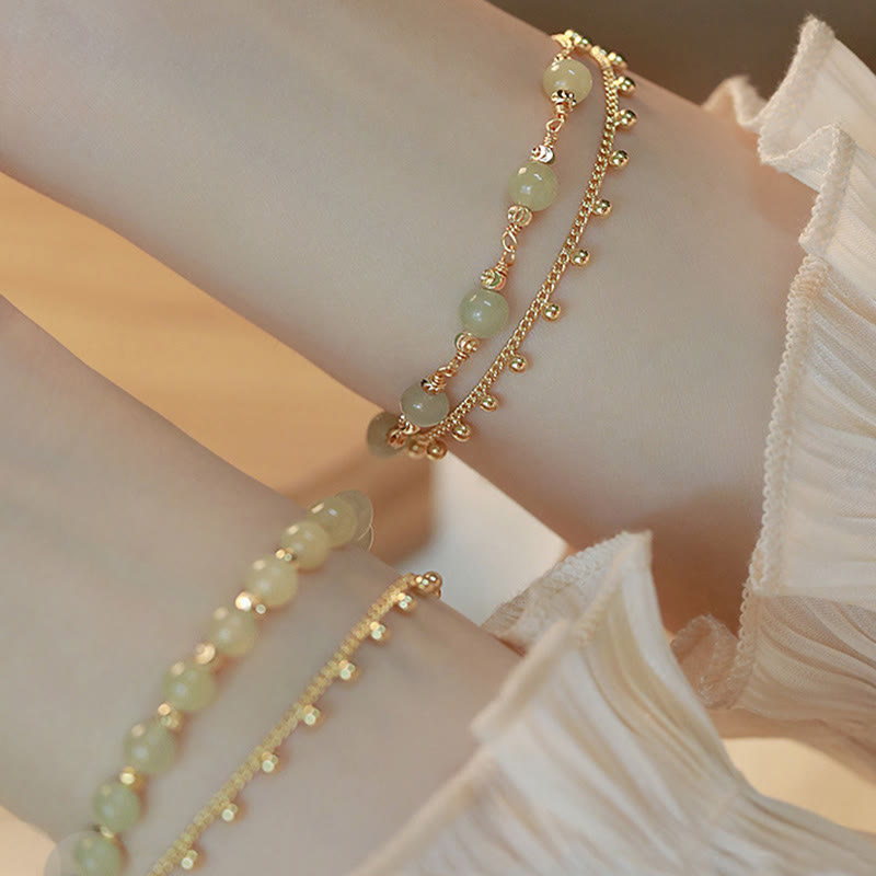 Pulsera de prosperidad de la suerte con cuentas de jade hetiano de 2 capas chapada en oro de 14 quilates