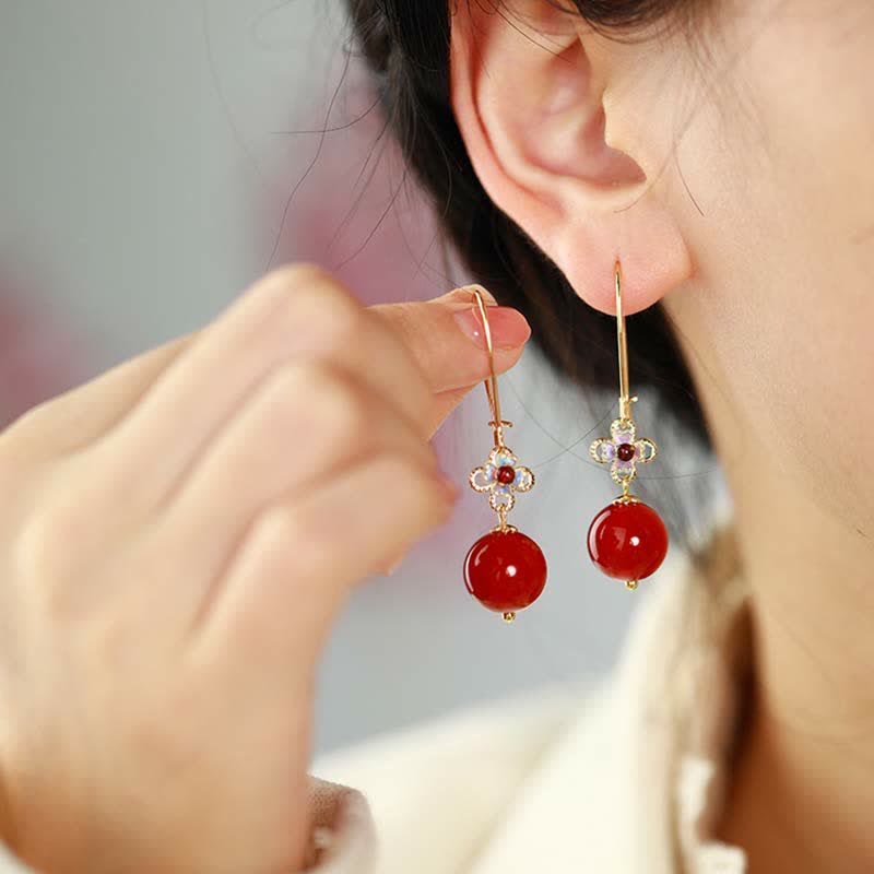 Pendientes de confianza con cuentas de flor de ágata roja de plata de ley 925 con Buddha Stones