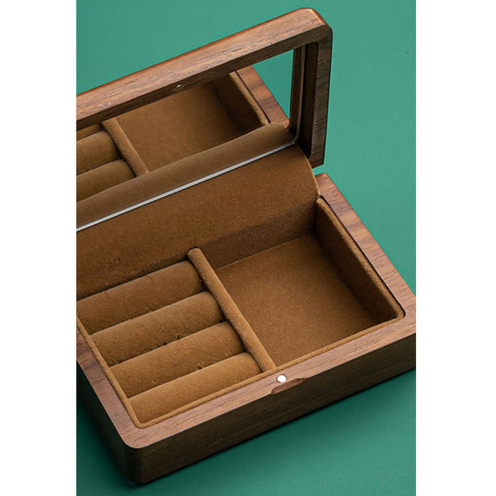 Caja de almacenamiento de joyería vintage hecha a mano de madera de nogal negro con espejo