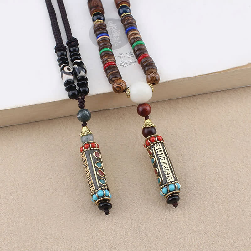 Buddha Stones tibetano Om Mani Padme Hum Dzi cuentas wengué collar de madera colgante - image 1