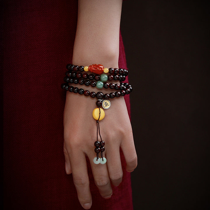 Buddha Stones zodiaco chino Buda Natal 108 cuentas Mala hoja pequeña sándalo rojo ágata roja pulsera de protección PiXiu