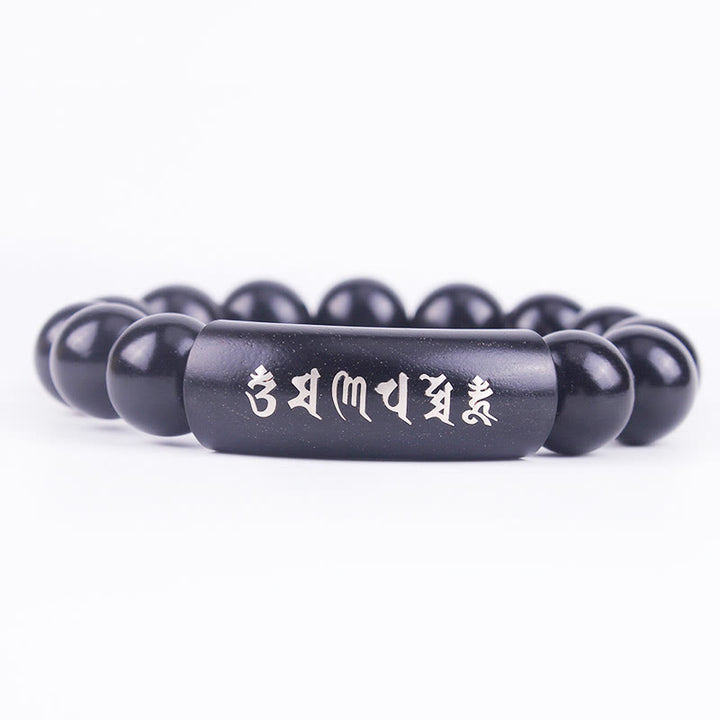 Pulsera de equilibrio con incrustaciones de Om Mani Padme Hum de madera de ébano de plata de ley 999 con Buddha Stones